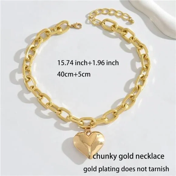 Chunky Heart Necklace Statement Necklace with Big Puffy Heart Gold Tone - Picture 6 of 11